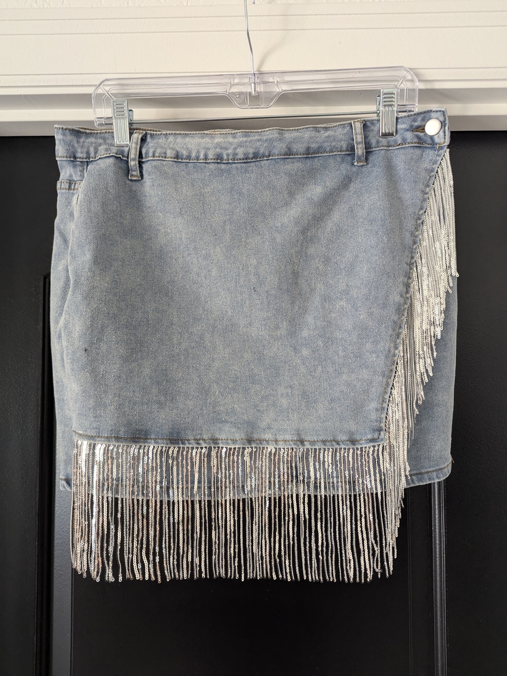 SHEIN Light Blue Denim Midi Skirt with Silver Fringe